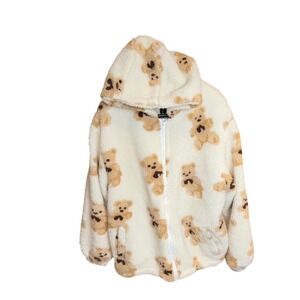 Aelfric Eden Teddy Bear Sherpa Fleece Zip Up Hoodie Jacket Cream Brown Women's L